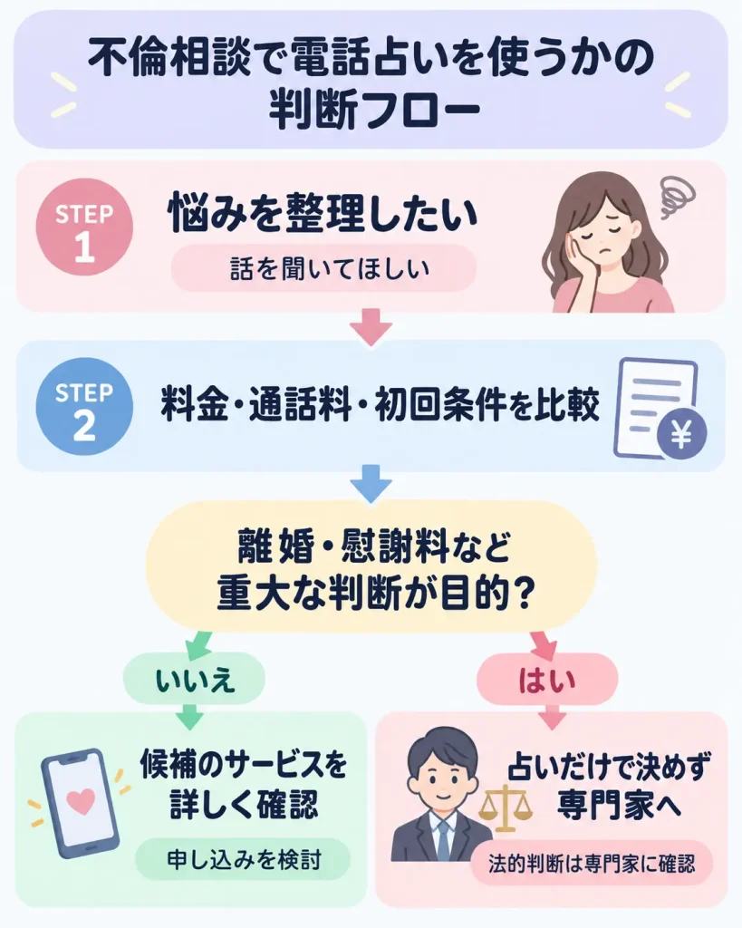 不倫相談で電話占いを使うかどうかの判断フロー